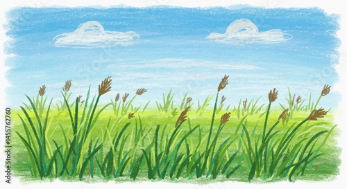 Peaceful Grassland Crayon Sketch
