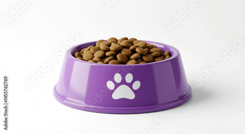 Purple pet food bowl filled with dog food. Full, static view of the bowl with a paw print design on a white background.