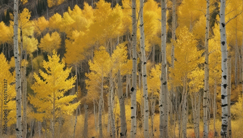 Naklejka premium Aspens blaze gold against rugged peaks, crisp air, vibrant fall colors , landscape, majestic