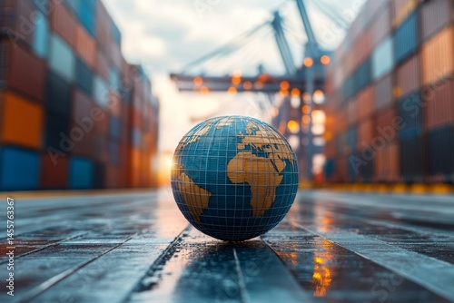 Global trade concept with a world globe on dock near ships and containers.