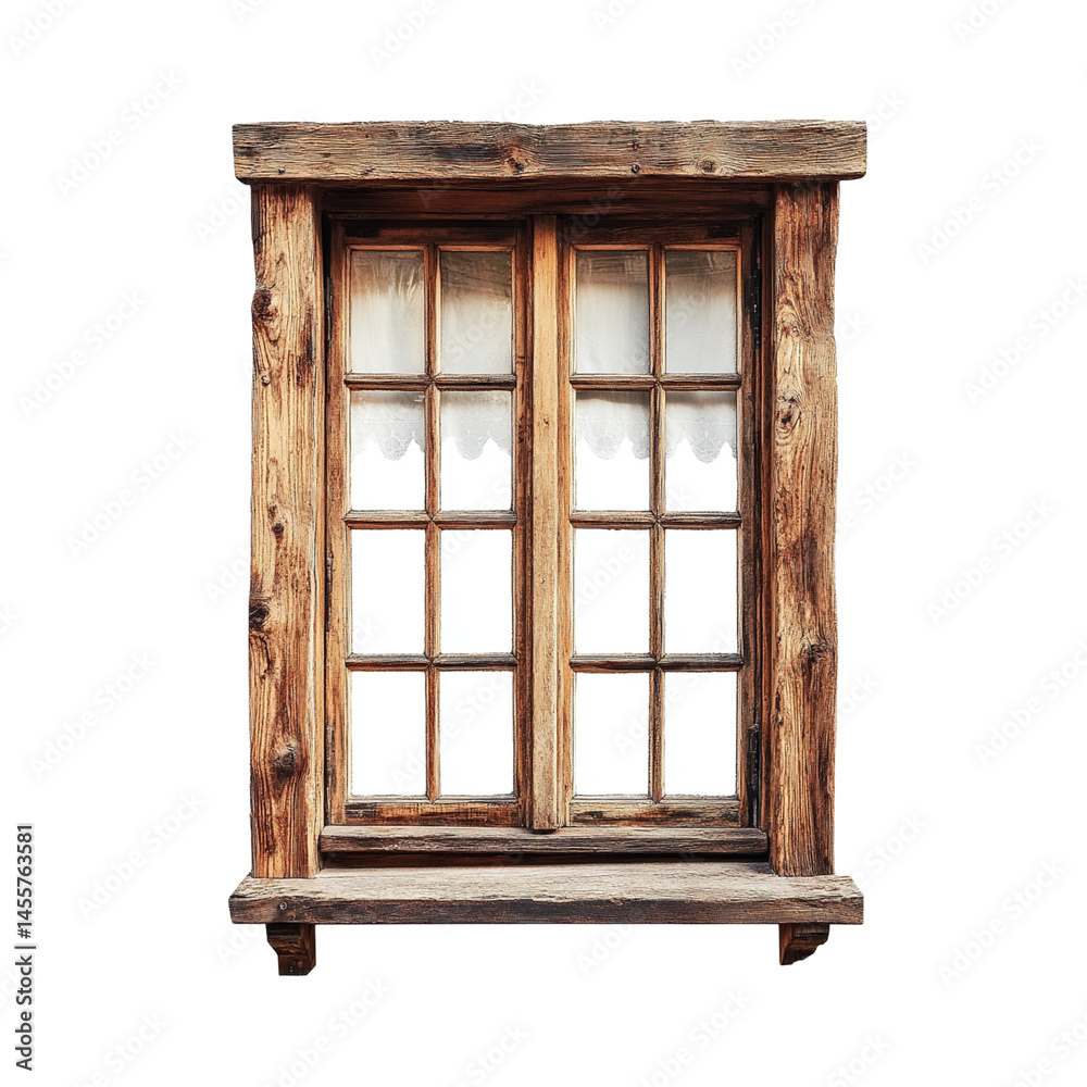 Obraz premium rustic wooden window with natural finish, featuring multiple panes and charming design. window is adorned with sheer curtains, adding touch of elegance to its traditional style