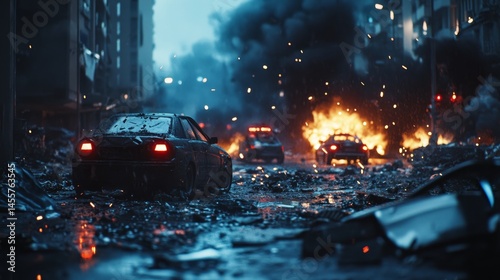Post-apocalyptic scene with cars, explosions, and destruction.