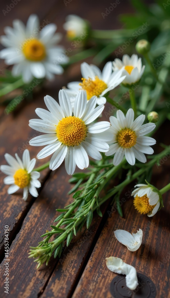 Obraz premium Dried chamomile sprigs on rustic wood, surrounded by blooming flowers , nature, still life
