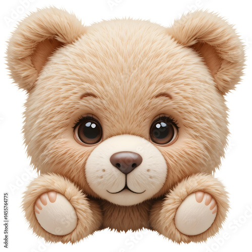 Cute teddy bear with soft fur texture and stitched eyes, isolated on a transparent or white background.