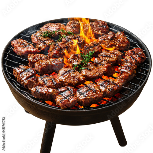 Barbecue a round grill with meat on the fire png