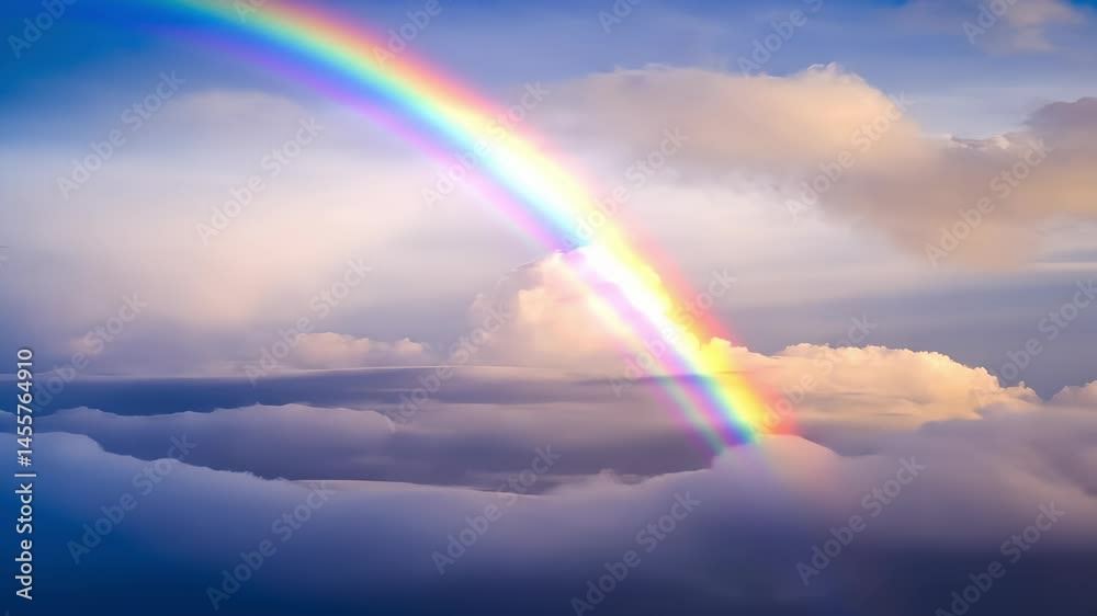 Rainbow is seen in the sky with clouds in the background. The rainbow is curved and spans across the sky Rainbow is seen in the sky with clouds in the background. The rainbow is curved and spans across the sky
