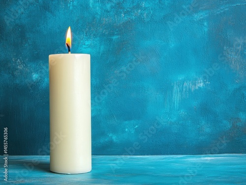 Lit Candle on Blue Background Creates a Serene and Peaceful Atmosphere for Relaxation and Reflection