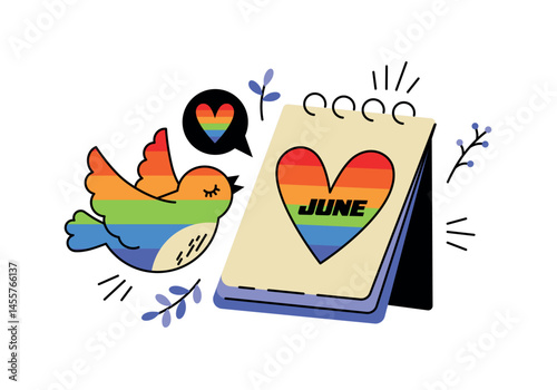 Rainbow illustration of Pride LGBTQIA in retro cartoon style. Groovy vector art, symbol of love and friendship, pride June month celebrate, support, freedom, tolerance, equal, calendar, bird, gay.