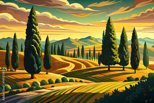 Scenic Tuscan landscape with tall cypress trees silhouetted against a vibrant sunset sky vector. Perfect for travel, Italian countryside, nature beauty, and Mediterranean themes