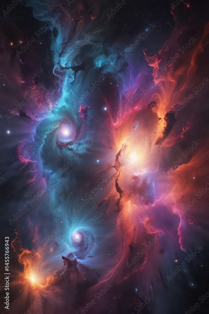 Fototapeta premium Abstract swirling nebula-like formations in deep space, dark cosmic backdrop, spiral, stellar