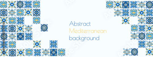 Abstract blue and yellow ceramic tile background. Mediterranean porcelain pottery. Italian ornament. Amalfi arabesque motif. Vector illustration