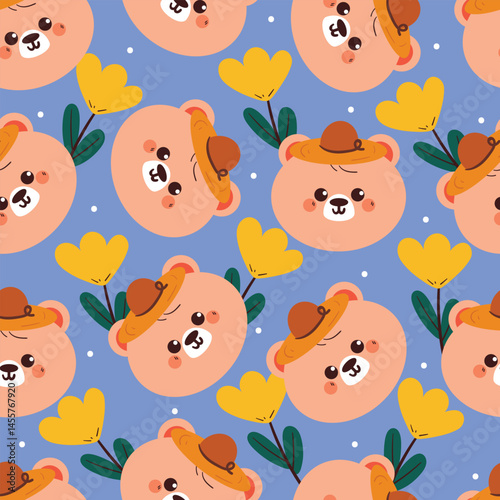 seamless pattern cute cartoon bear head wearing hat with yellow tulip flower. cute animal pattern for wallpaper and background