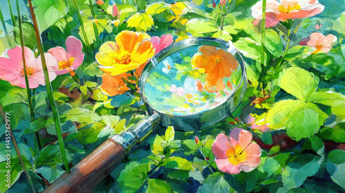 Vibrant watercolor illustration featuring magnifying glass inspecting colorful flowers lush garden. scene captures beauty of nature, with bright pink and yellow blooms surrounded by green foliage