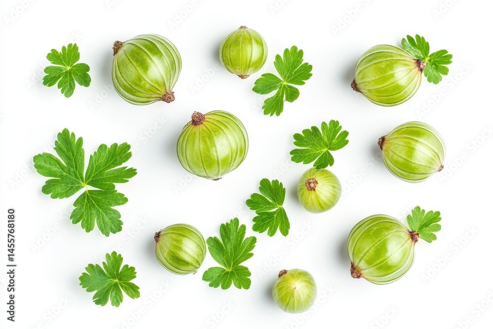 Fresh green gooseberries with leaves isolated on white background food shot fruit berry sweet plant Fresh green gooseberries with leaves isolated on white background food shot fruit berry sweet plant
