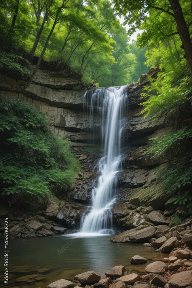 Fototapeta premium Cascading Arkansas waterfall amidst lush green forest , photography, forest, scenic