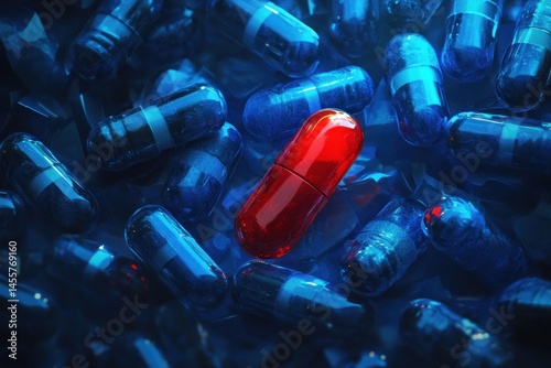 concept art of medicine replacement, red capsule standing out among blue capsules