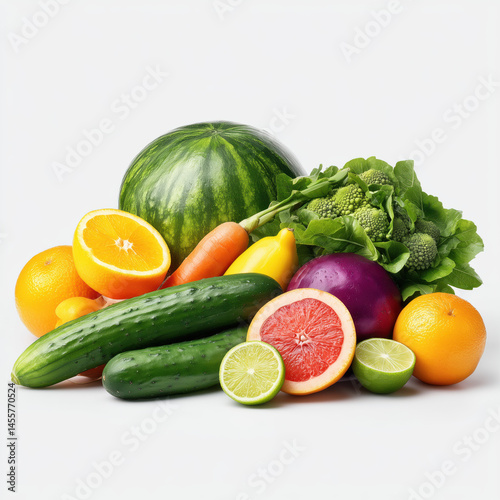 Vibrant Array of Fresh Fruits and Vegetables - A Colorful and Healthy Feast , isolated on white background