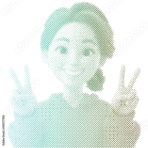 A woman raising her hand in a peace sign with halftone retro modern cartoon