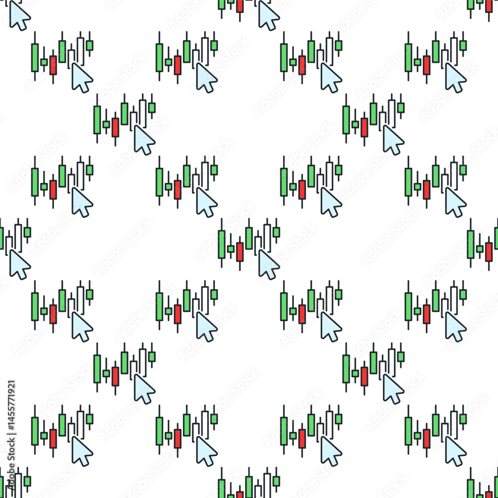 Obraz premium Mouse cursor on Candlestick chart vector online trading colored seamless pattern