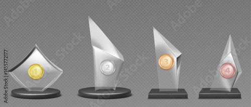 Transparent glass award with metallic medals, numbers and laurels set. Four places winners prizes realistic 3d vector. Shiny acrylic champion trophies with black bases. Glossy crystal reward plaques.