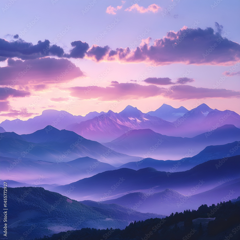 Fototapeta premium Twilight Majesty: The Ethereal Beauty of Lavender-Tinged Mountain Peaks Under a Dusk-Kissed Sky