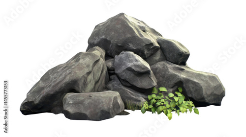 Cluster of Large Gray Rocks Surrounded by Green Plant Life on a Transparent Background