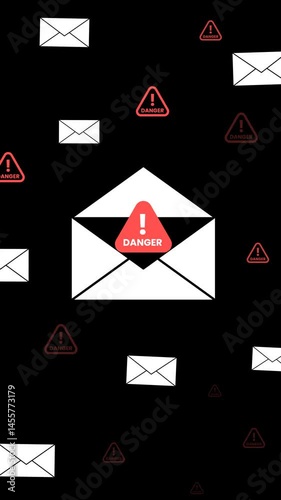 vertical footage of an envelope with a red warning icon, representing email threats such as phishing and spam.
