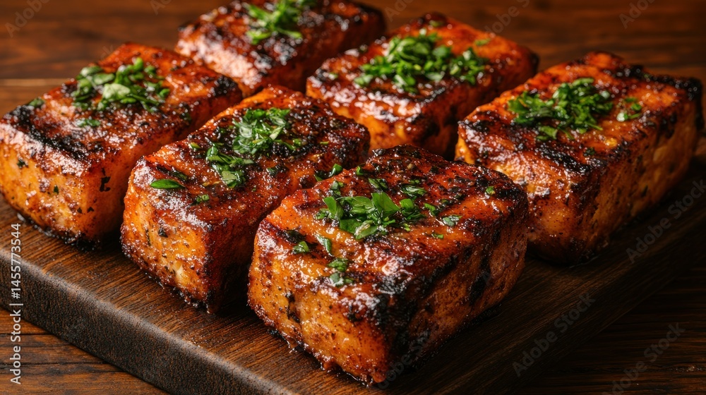 Grilled cubed tofu, seasoned and garnished Grilled cubed tofu, seasoned and garnished