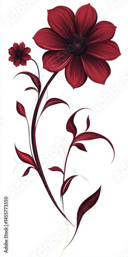 Dark Red Flower with Intricate Stem and Leaves