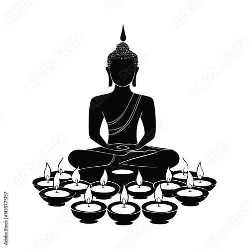 Buddha statue surrounded by candles minimal black silhouette