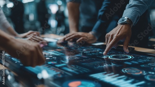 Person Interacting with Touchscreen Computer Display Creating an Engaging and Modern Digital Experience in a Contemporary Workspace Environment