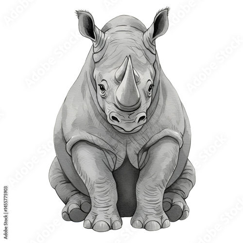 A Rhinoceros Water color Illustration Sitting Isolated on Transparent Background PNG 
