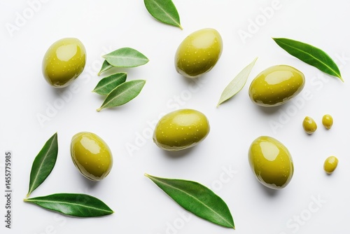 Wallpaper Mural Green olives and fresh olive leaves on white background food photography diet tasty snack nature Torontodigital.ca