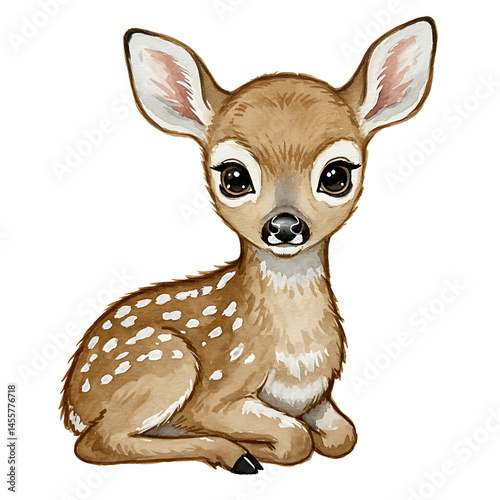 A Cute baby Deer Water color Illustration Sitting Isolated on Transparent Background PNG 
