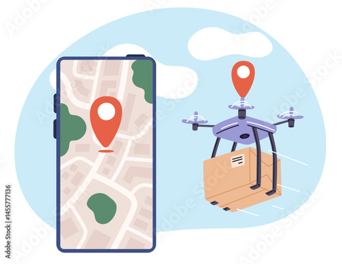 Tracking parcel delivery drone on smartphone screen. Order aerial shipping. Cardboard box shipment. Mobile application. GPS pin. Location control map. Robotic technology. Vector concept