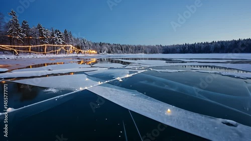 Frozen lake with a bridge in the background. The bridge is lit up at night