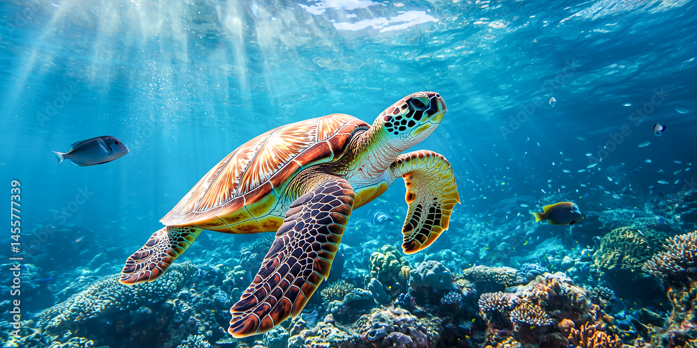 Fototapeta premium Green sea turtle in coral reef ecosystem