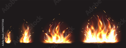 Stages animating realistic flame with sparks on dark background. Blazing fire. Isolated campfire or fireball. Combusting animation steps. Hot hell elements set. Vector 3D ignition effect