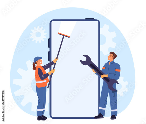 Smartphone repair service. Little man and woman fix cell phone. Technicians work. Mobile cogwheels maintenance. Broken electronics. Device screen. Display clean scraper. Vector concept