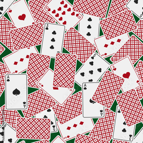 Scattered playing cards lying on green poker table seamless pattern. Casino game. Blackjack gaming. Repeated print. Aces front and back. Gamble risk and luck. Vector gambling background