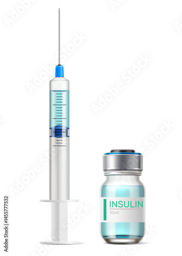 Plastic medical syringe with needle. Glass vial for insulin injection. 3D medicament ampoule. Pharmaceutical remedy. Injector mockup. Diabetes treatment. Vector realistic objects set