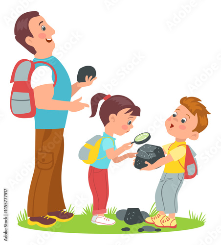 Kids learn nature. Naturalists discover world with teachers. Practical activities. Mentors and students. People studying stones with magnifiers. Scouts education. Splendid vector set