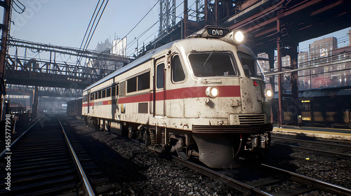 Urban train in industrial setting.  A vintage commuter train, cream and red, navigates tracks amidst city steel structures.  Visible are rail lines, overhead cables, and a cityscape backdrop