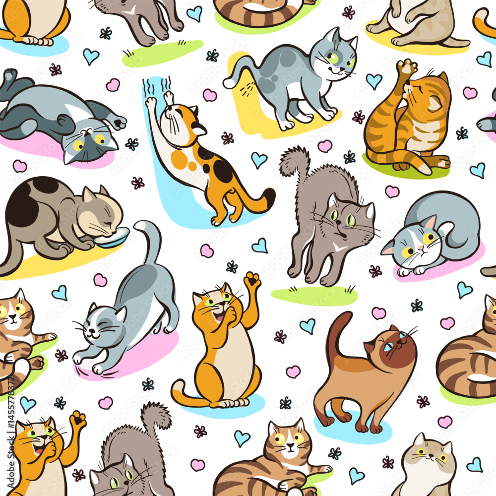 Fototapeta premium Funny cats seamless pattern. Pets playing and relaxing. Repeated print. Domestic animal. Kitten scratching and stretching. Fluffy kitty poses. Pussycat meow. Vector cartoon background