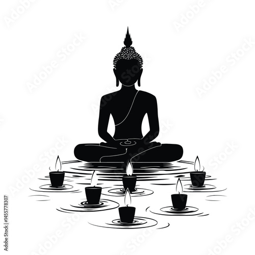 Buddha statue surrounded by candles simple minimal vector