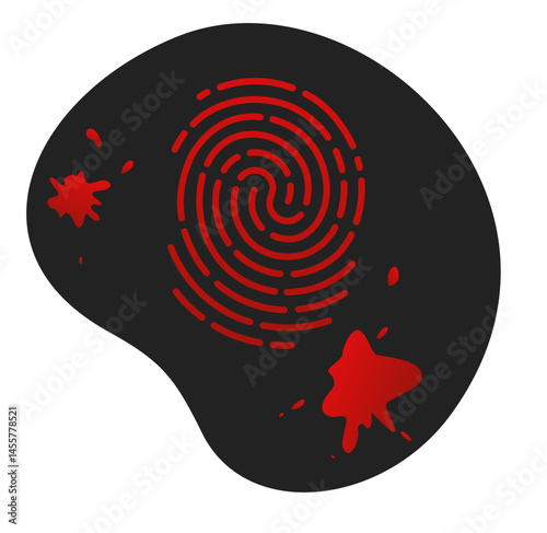 Bloody human fingerprint. Thumbprint with blood drops on black background. Crime investigation. Murder identification. Unique hand mark. Police detective. Vector killer thumb imprint