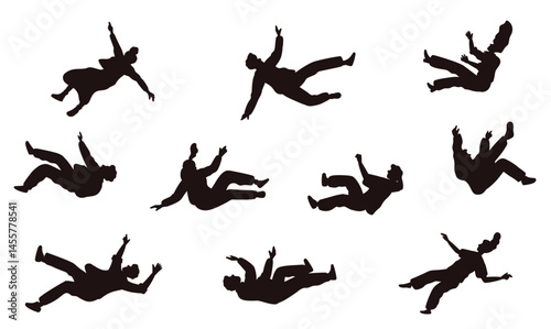 Black silhouettes men and women falling. People flying poses. Hovering and floating persons in air. Sky weightlessness. Free down moving. Gravity soaring. Vector motion positions set