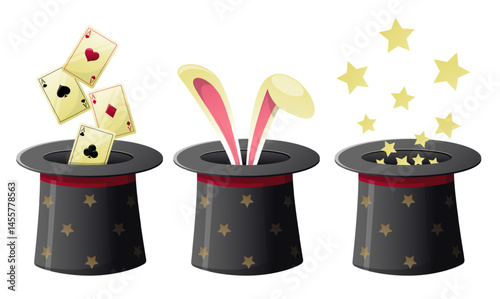 Black magic hat. Magician tricks. Cylinder cap with poker ace cards and bunny ears. Circus performance. Illusionist show accessory. Witchcraft spell sparkle. Vector conjuror tools set