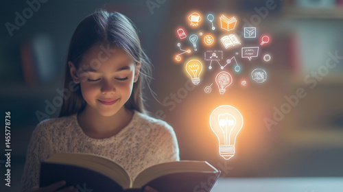 A professional close-up of enthusiastic student basking in warm light: absorbed in a new textbook, excited about knowledge from recent research findings.