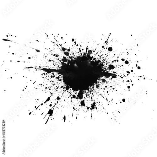 dynamic black paint splash with chaotic spread of droplets, creating artistic and energetic effect. This design can be used for various creative projects